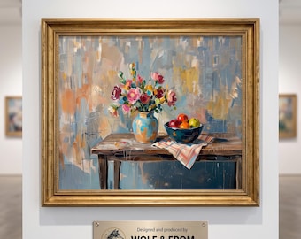 Stampa astratta di natura morta floreale: tavolo rustico, fruttiera, vaso di fiori (download digitale)