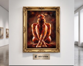 Stampa di un dipinto ad olio di donna nuda malinconica, arte astratta del corpo femminile da parete, decorazione figurativa su tela dai toni caldi e terrosi, arte sensuale per camera da letto, download digitale