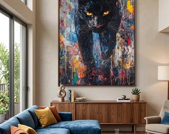 Quadro con Pantera Nera, dipinto astratto e colorato di un animale