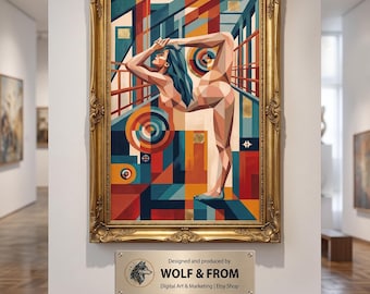 Arte murale cubista donna yoga, stampa geometrica ballerina nuda, poster di belle arti moderno di metà secolo, posa astratta Natarajasana, regalo, download digitale