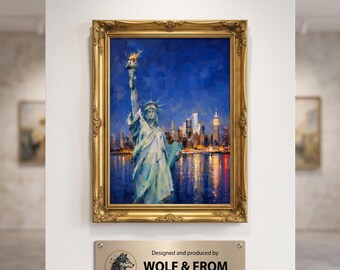 Stampa digitale del dipinto ad olio "Statua della Libertà di notte con skyline", tecnica impasto, arte di New York (download digitale)
