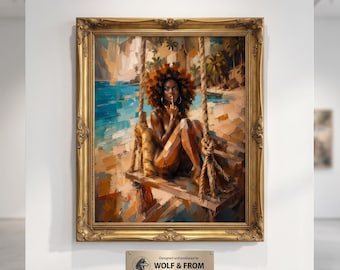 Quadro da parete con donna nera sulla spiaggia, dipinto afro nudo, tela tropicale costiera, impasto, stampa estiva, decorazione costiera per camera da letto, regalo artistico afroamericano.