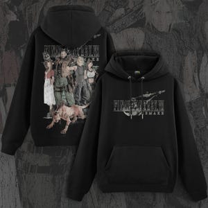 May include: Black hoodie with Final Fantasy VII graphics. The back features characters and the game title, while the front displays the logo. The hoodie includes a hood and a front pocket, perfect for fans of the game.