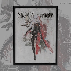 Könnte beinhalten: Gerahmter Kunstdruck mit einer stilisierten Illustration eines weiblichen Charakters aus dem Videospiel "NieR:Automata". Das Kunstwerk hat eine Used-Optik mit einer Farbpalette aus Schwarz, Rot und Weiß. Der Titel "NieR:Automata" ist prominent dargestellt.
