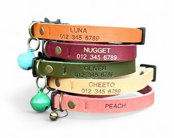 Adjustable Leather Cat Collar: Personalized with Bell, Breakaway Kitten Collar