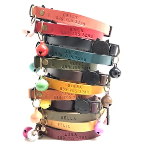 Adjustable Breakaway Leather Cat Collar, With Bell, Name and number, 12 Colors Personalization, Kitten Collar, Quick Release, Leather Collar