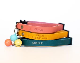Adjustable Leather Cat Collar: Personalized Breakaway Kitten Collar with Bell