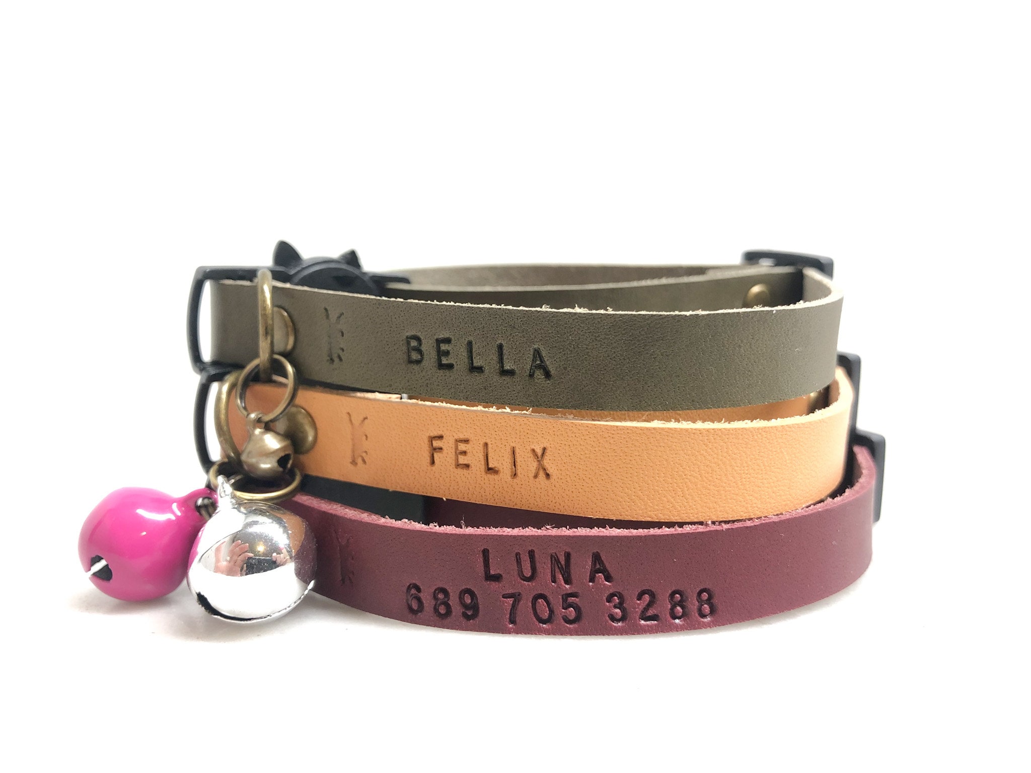 Adjustable Breakaway Leather Cat Collar With Bell Name and 