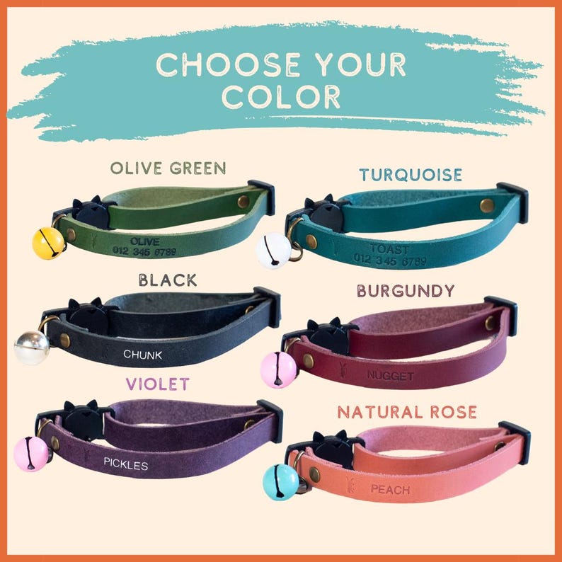 Personalized Leather Cat Collar: Breakaway Buckle, Bell, Name & Number image 2