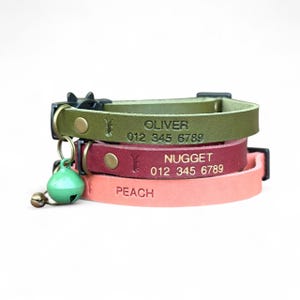 Personalized Leather Cat Collar: Breakaway Buckle, Bell, Name & Number