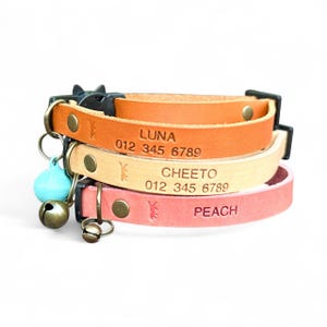 Adjustable Leather Cat Collar: Personalized Breakaway Kitten Collar with Bell