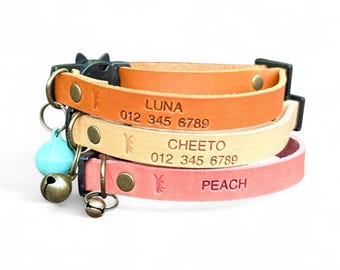 Adjustable Leather Cat Collar: Personalized Breakaway Kitten Collar with Bell