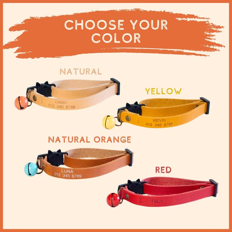 Personalized Leather Cat Collar: Breakaway Buckle, Bell, Name & Number image 3