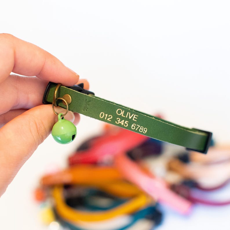 Personalized Leather Cat Collar: Breakaway Buckle, Bell, Name & Number image 10