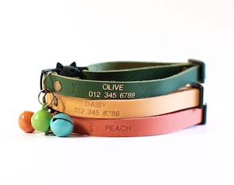Personalized Leather Cat Collar: Breakaway Buckle, Bell, Name & Number