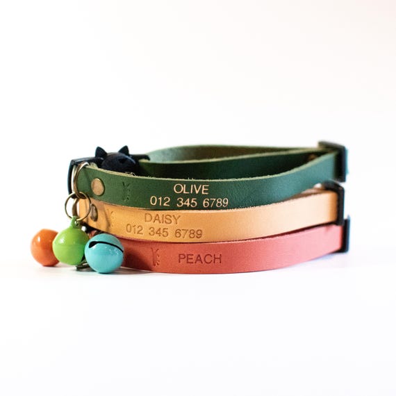 Personalized Leather Cat Collar: Breakaway Buckle, Bell, Name & Number