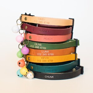 Personalized Leather Cat Collar: Breakaway Buckle, Bell, Name & Number image 8