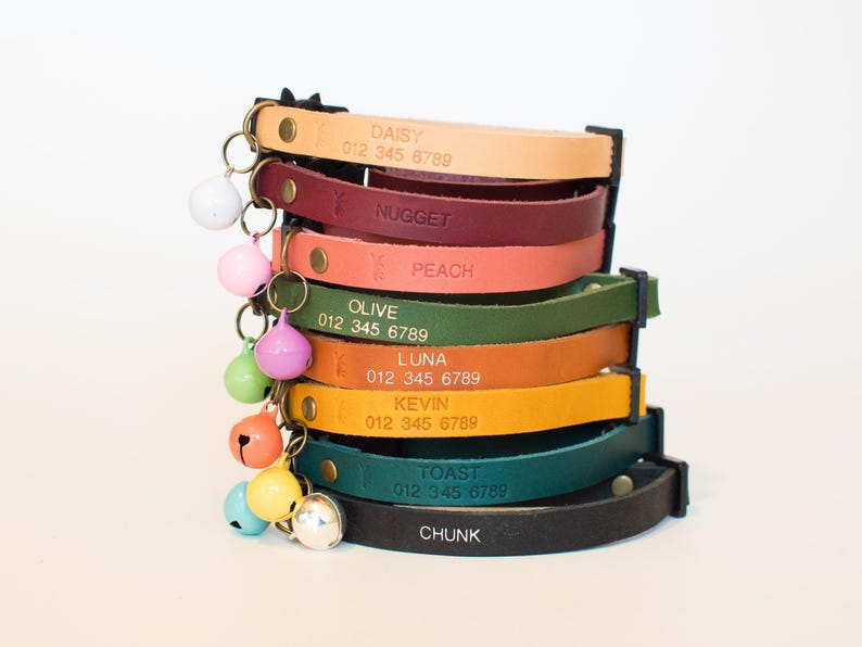 Personalized Leather Cat Collar: Breakaway Buckle, Bell, Name & Number image 8
