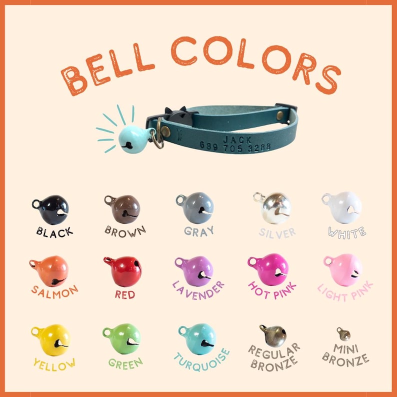 May include: A chart showing different colors of dog bells. The colors include black, brown, gray, silver, white, salmon, red, lavender, hot pink, light pink, yellow, green, turquoise, regular bronze, and mini bronze.