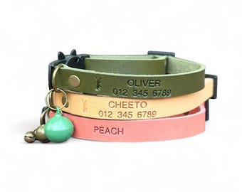 Adjustable Leather Cat Collar: Breakaway Kitten Collar with Bell, Personalized Name & Number