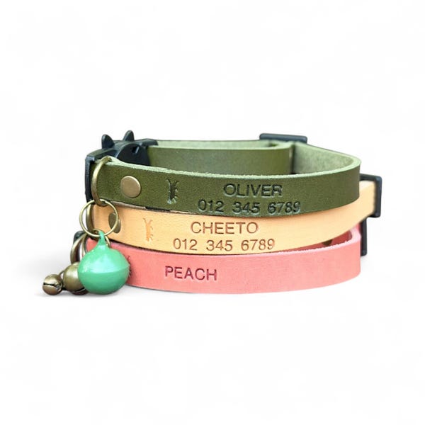 Collar de cuero ajustable para gatos: collar de seguridad para gatitos con cascabel, nombre y número personalizados.