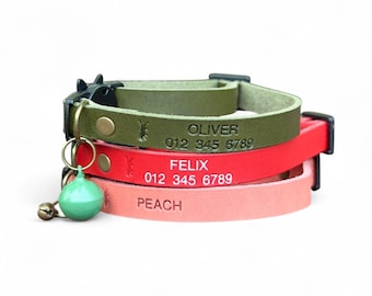 Personalized Leather Cat Collar: Adjustable Breakaway Kitten Collar with Bell