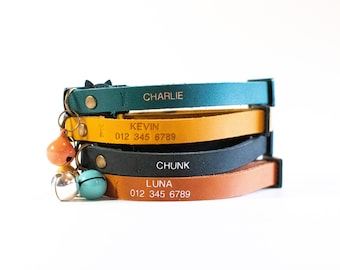 Adjustable Breakaway Leather Cat Collar, With Bell, Name and number, 10 Colors Personalization, Kitten Collar, Quick Release, Leather Collar