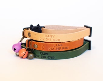 Adjustable Breakaway Leather Cat Collar, With Bell, Name and number, 12 Colors Personalization, Kitten Collar, Quick Release, Leather Collar