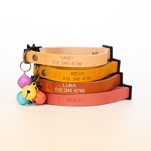 Adjustable Breakaway Leather Cat Collar, With Bell, Name and number, 10 Colors Personalization, Kitten Collar, Quick Release, Leather Collar