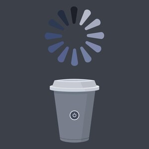 May include: A grey disposable-style cup with a white lid and a power button icon on the front. Above the cup is a circular loading indicator composed of twelve rounded segments in varying shades of blue and grey against a dark grey background.