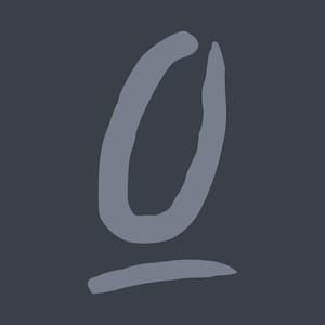 May include: A dark charcoal gray square graphic featuring a light lavender-gray hand-drawn letter O with a horizontal line underneath it. The letter is rendered in a loose, brush-stroke style, centered against the solid dark background.