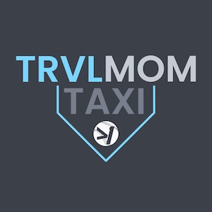 May include: A graphic design on a dark gray background featuring the light blue and white text TRVLMOM TAXI. The word TAXI is enclosed within a light blue baseball home plate outline, which contains a white baseball icon with a black graphic symbol.