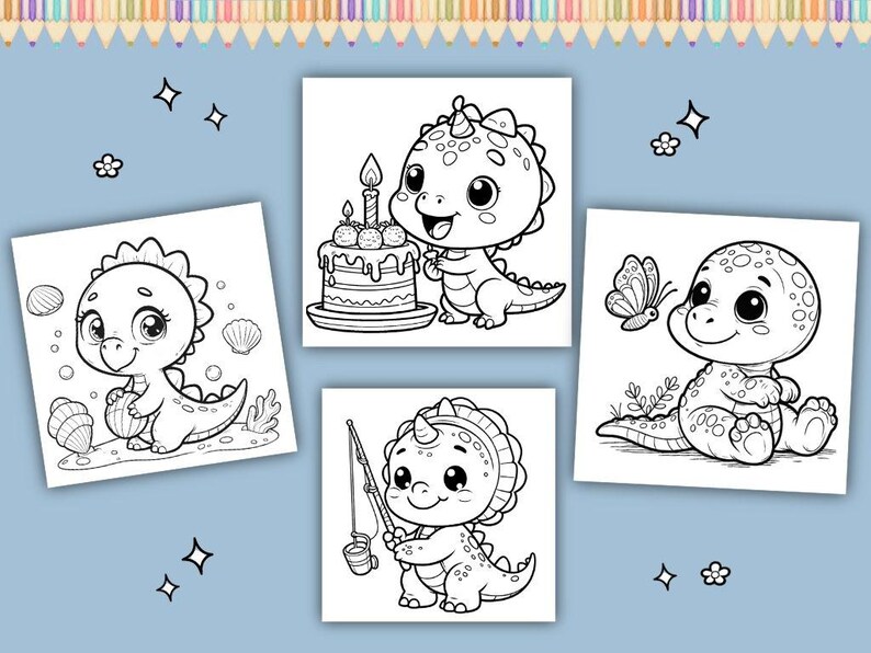 40 Kawaii Baby Dinosaur Coloring Pages for Kids and adults, Cute Coloring Pages, Printable Coloring Book, Activities for Kids image 2