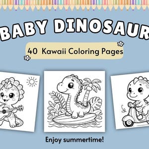 40 Kawaii Baby Dinosaur Coloring Pages for Kids and adults, Cute Coloring Pages, Printable Coloring Book, Activities for Kids image 1