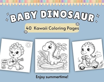 40 Kawaii Baby Dinosaur Coloring Pages for Kids and adults, Cute Coloring Pages, Printable Coloring Book, Activities for Kids