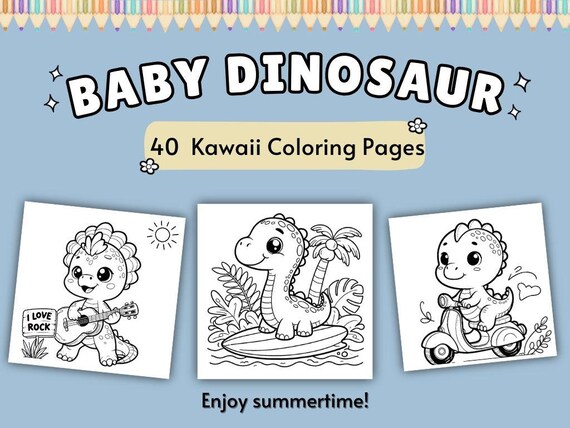 40 Kawaii Baby Dinosaur Coloring Pages for Kids and andults, Cute Coloring Pages, Printable Coloring Book, Activities for Kids