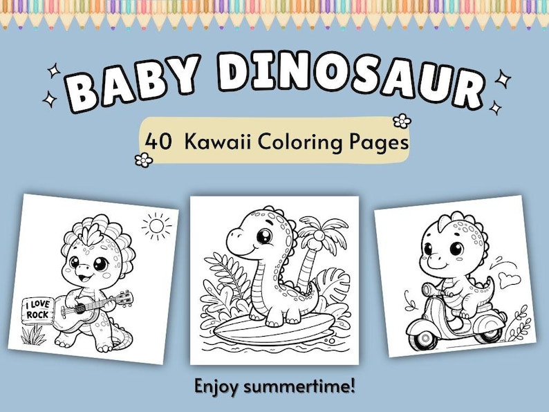 40 Kawaii Baby Dinosaur Coloring Pages for Kids and adults, Cute Coloring Pages, Printable Coloring Book, Activities for Kids image 1