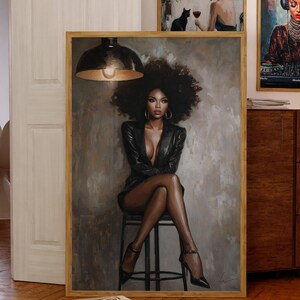 Confident Black Woman Art - Bold Oil Painting Portrait - Empowering Wall Art Printable Fashion Portrait Printable