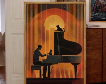 Vintage Jazz Grand Piano & Cat Art Print (Instant Download)