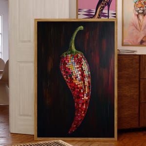 Disco Ball Chili Print – Mosaic Pepper Art for Kitchen | Retro Food Wall Art | Bold Colorful Digital Download