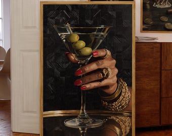 Black Woman Wall Art – Luxury Martini Glass Hand, Cocktail Bar Decor, Digital Download