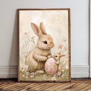 Vintage Easter Rabbit Print – Pastel Farmhouse Wall Art, Instant Download