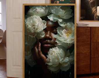 Black Woman Peony Art – Luxury Floral Oil Painting Style Print - Digital Download