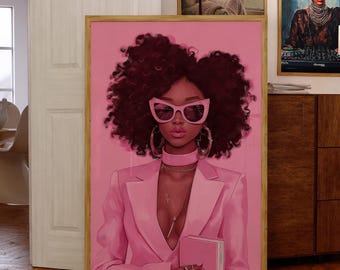 Pink Afro Woman Art Print, Femme Fatale Fashion Portrait (Digital Download)
