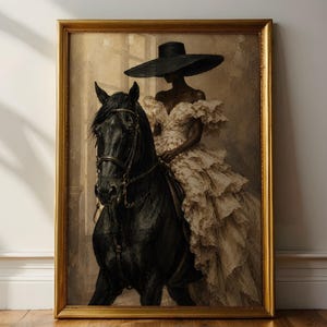 Black woman equestrian wall art featuring an elegant horse rider in a flowing neutral haute couture gown and dramatic black wide-brim hat, seated on a powerful black horse. Textured painterly details, soft beige background and sophisticated old money aesthetic create luxurious Afrocentric decor.