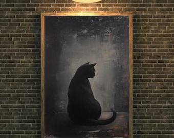 Arte mural con silueta de gato negro – Imprimible Dark Academia – Decoración gótica y melancólica