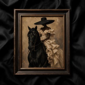 Elegant Black woman wall art with a fashionable female rider seated on a black horse against a warm neutral background. Her sculptural cream dress and oversized black hat create a haute couture look, while textured painting details add vintage equestrian and old money inspired character.
