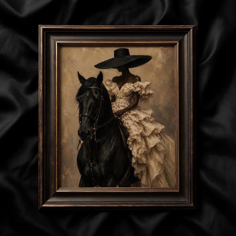 Elegant Black woman wall art with a fashionable female rider seated on a black horse against a warm neutral background. Her sculptural cream dress and oversized black hat create a haute couture look, while textured painting details add vintage equestrian and old money inspired character.