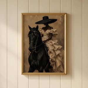 Afrocentric horse rider art showing a stylish Black woman riding a black horse, dressed in an oversized cream couture gown with a dramatic black hat. Neutral tones, textured brushwork and vintage equestrian style give this artwork an elegant luxury wall decor aesthetic.