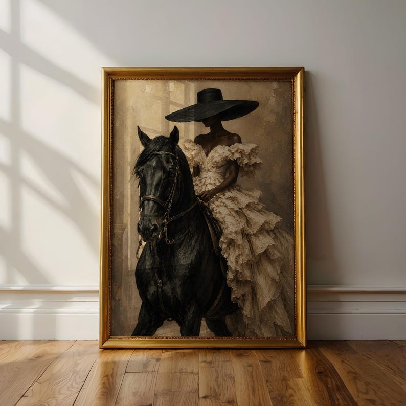 Black woman equestrian wall art featuring an elegant horse rider in a flowing neutral haute couture gown and dramatic black wide-brim hat, seated on a powerful black horse. Textured painterly details, soft beige background and sophisticated old money aesthetic create luxurious Afrocentric decor.